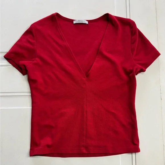 Zara Trafaluc Seasons Collection Red Knit Crop V Neck Knit Blouse Sz S - Picture 1 of 4